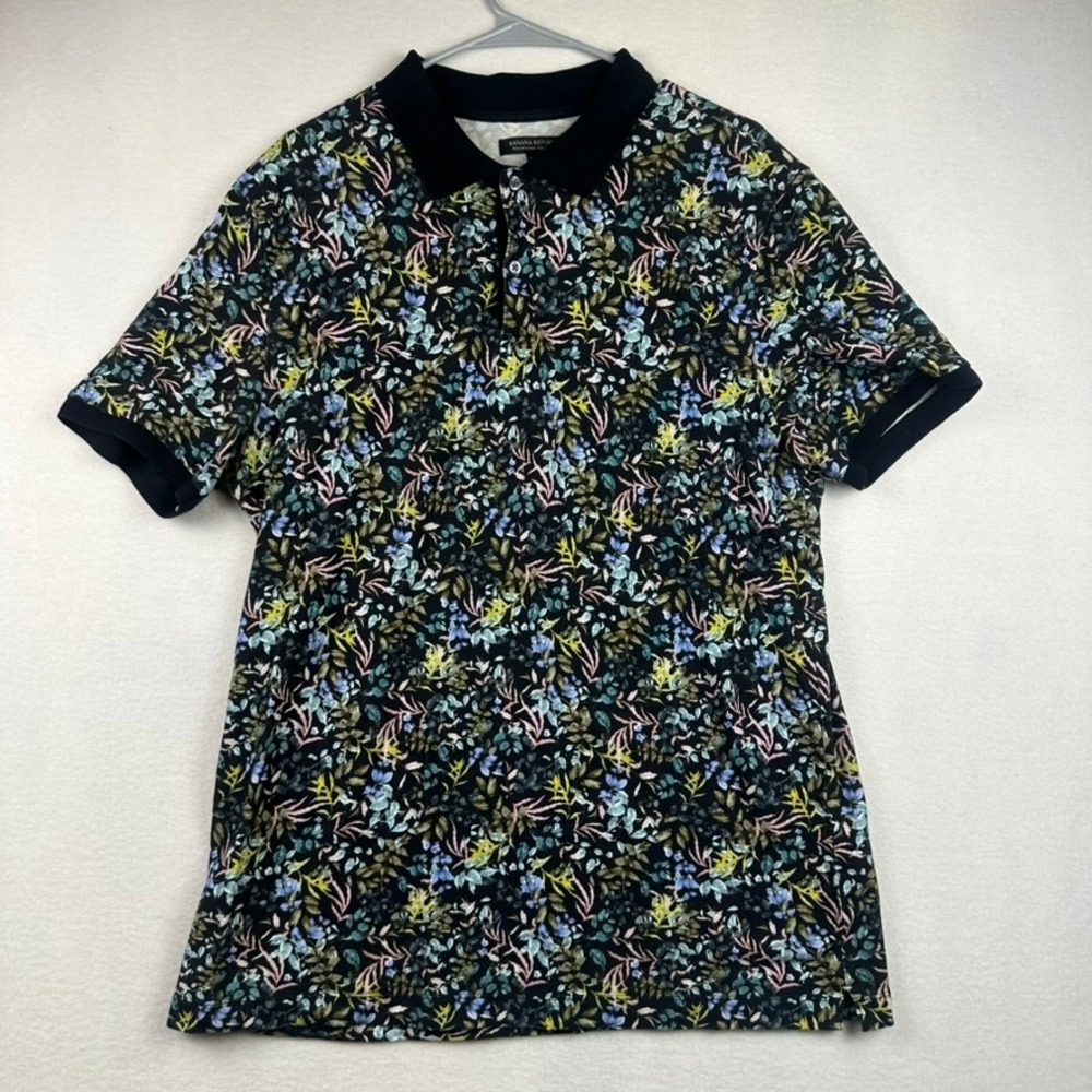 Banana Republic Polo Shirt Mens L Black Floral Performance Pique Short Sleeve